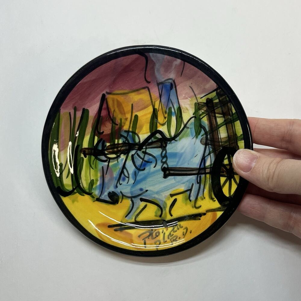 vintage hand painted 5 inch‎ plate abstract colorful cart wagon rural pto plata